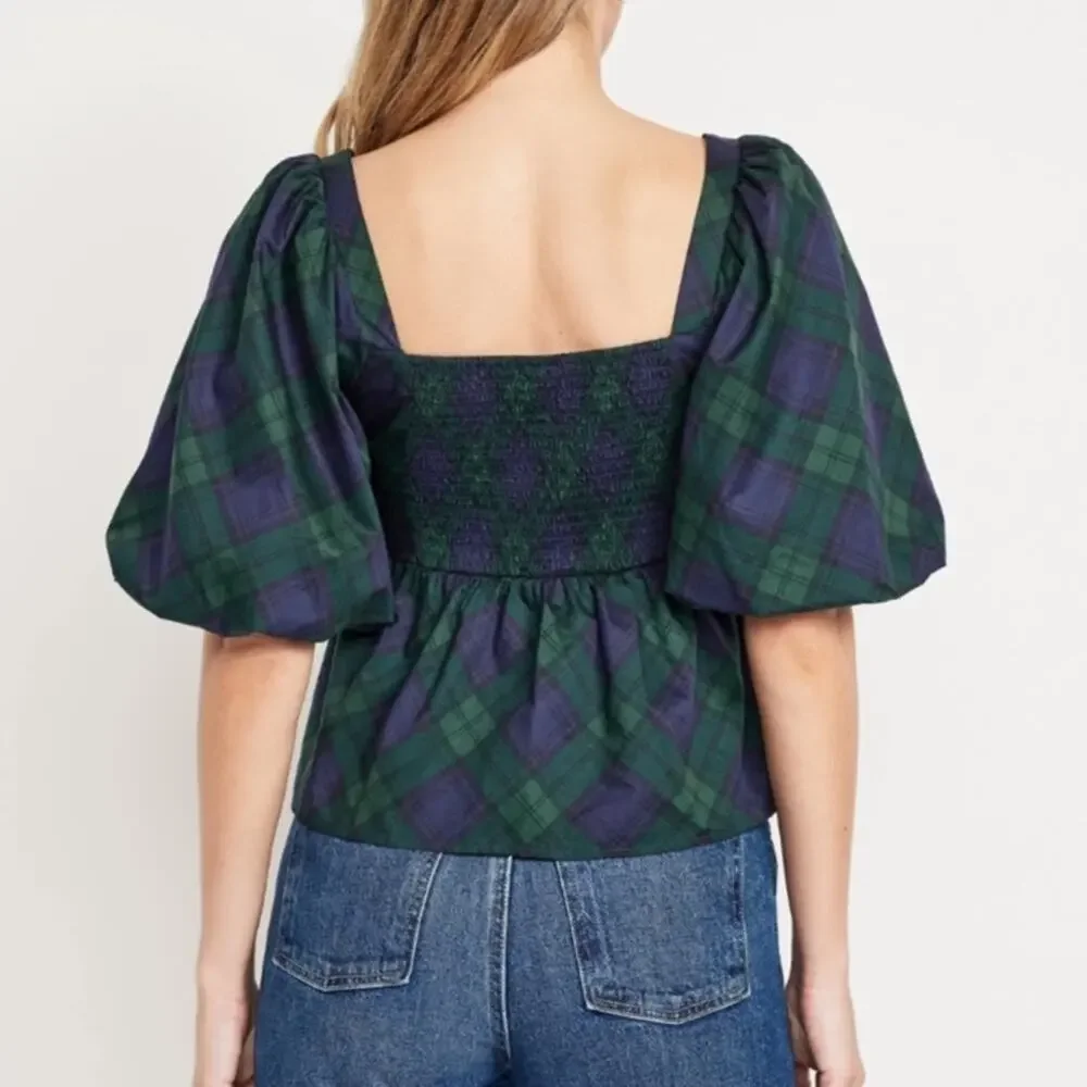 Old Navy green plaid Puff-Sleeve Plaid Poplin Peplum Top
